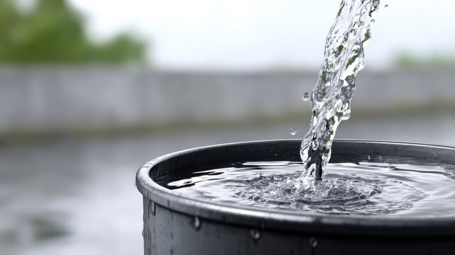 Water being poured into a black bucket, creating ripples on the surface, with a blurred background of greenery and a soft-focus environment