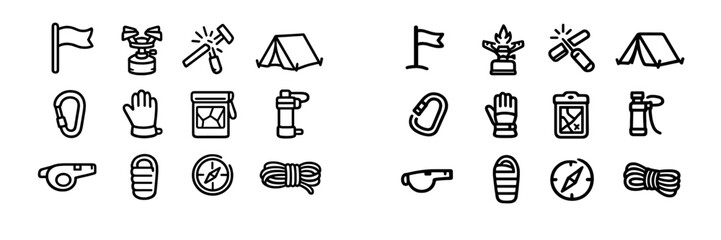 Camping and outdoor adventure equipment line icons set featuring tent compass rope and hiking gear on white background © PAPA STOCK