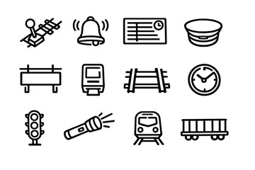Railway and train station line icon set featuring tracks locomotive signal light clock and conductor hat on white background © PAPA STOCK
