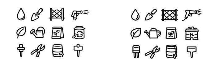 Set of gardening and agriculture line icons including watering can trowel pruning shears seed packet and compost bin for garden maintenance