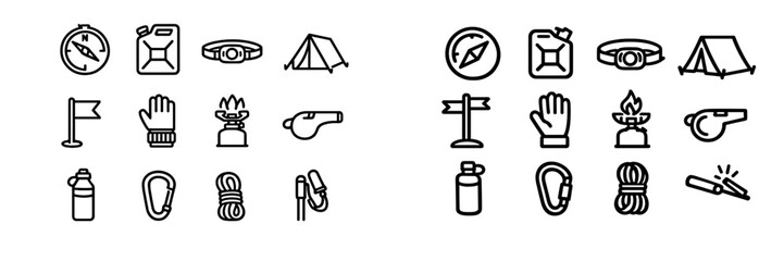 Camping and hiking equipment line icons set featuring compass tent stove carabiner rope and outdoor survival gear © PAPA STOCK