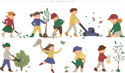 Garden Activity Flat Vector Set Kids Outdoor Gardening Chores Illustration