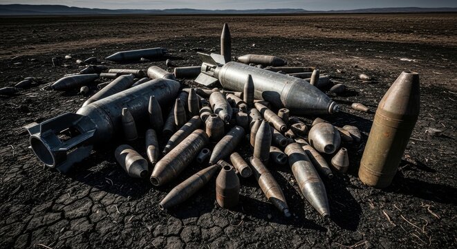 Hazardous Pile of Unexploded Ordnance in Barren Landscape