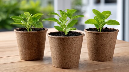 Fototapeta premium Three small potted plants with green leaves in biodegradable pots arranged on a wooden table, with a blurred background of greenery and natural light