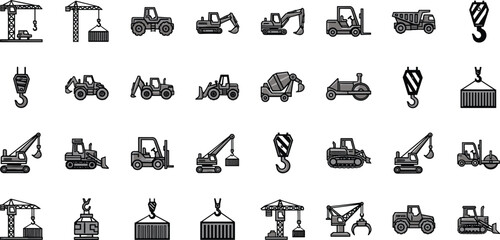 Heavy Construction Machinery Icon Set Featuring Cranes Excavators Forklifts Bulldozers and Cement Trucks Industrial Equipment Vector Collection for Building Site and Engineering Graphic Design © IconicCreations