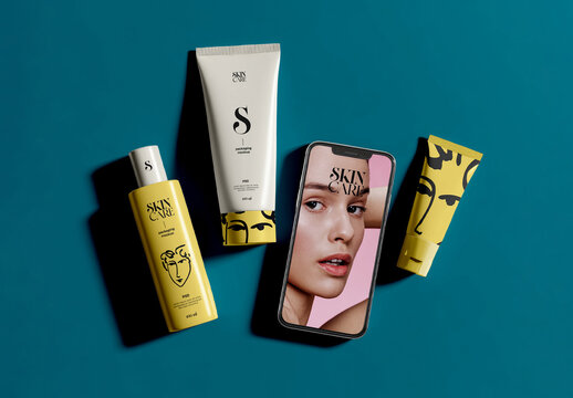 Skincare Cosmetic Packaging Mockup with Smartphone