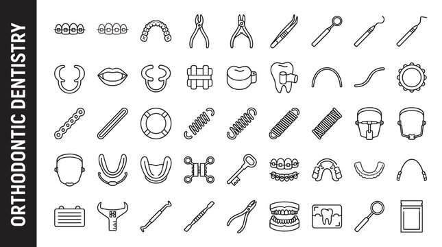 Collection of orthodontic dental tools and equipment icons for dental care and treatment