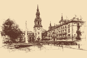 Obraz premium Plaza Mayor, Spain illustration in a vintage style. This vector illustration can be used in any size you like for advertising, logos, and other work. 