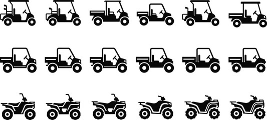 Silhouettes of golf carts utility vehicles offroad jeeps and ATVs arranged in rows showcasing diverse recreational and functional transport designs for outdoor themes © IconicCreations