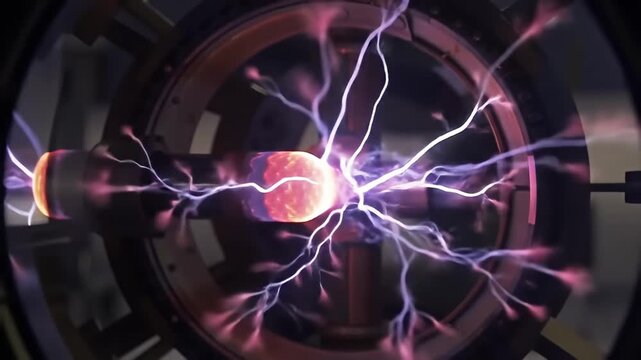 Glowing sphere encased in metallic rings with bursts of energy emanating from the center