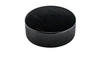 Black hockey puck, slightly scratched, on dark background, angled upward slightly