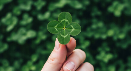 A person's hand holding a vibrant four-leaf clover against a blurred green background, symbolizing luck and nature's beauty.