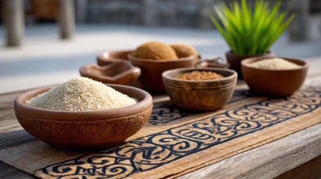 Assorted bowls of rice, brown sugar, and jaggery displayed on a decorative mat with intricate patterns, featuring a small green plant in the background