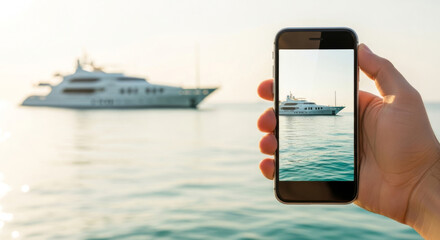 Naklejka premium Person Captures a Yacht on Their Smartphone, Highlighting Luxury Against a Serene Ocean Backdrop