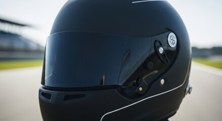 Fototapeta premium Sleek Black Racing Helmet Stands Against a Racetrack Backdrop, Featuring a Glossy Visor and Aerodynamic Design