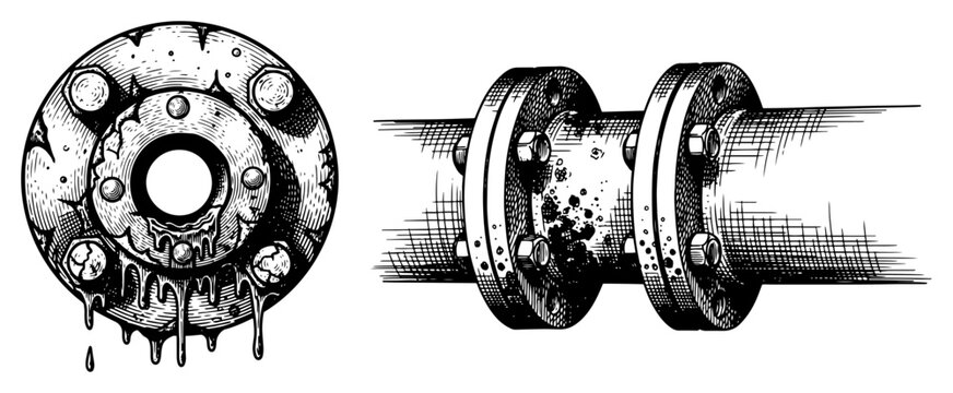 Vintage hand drawn engraving of industrial pipe flanges with leaking fluid and rusty textures