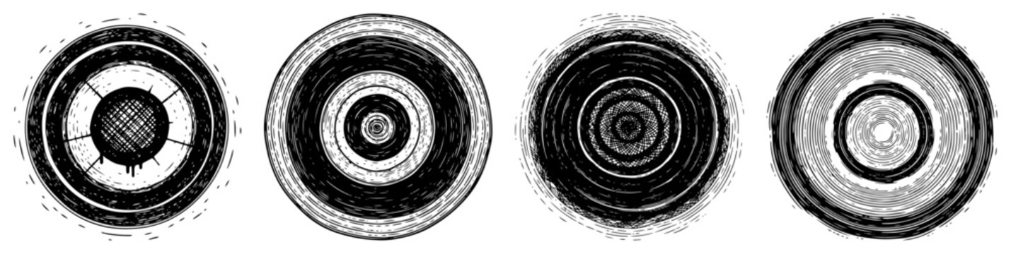 Collection of four hand drawn circular wood grain textures showing tree ring cross sections