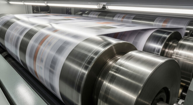 Close-up of a Commercial Printing Press Showing Glossy Paper Rolls in Action, Revealing the Printing Process in a Vibrant Factory Setting