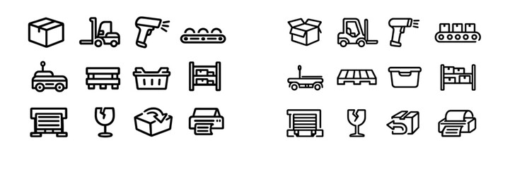 Logistics and warehouse management line icons set featuring shipping boxes forklift barcode scanner pallet and storage equipment © PAPA STOCK