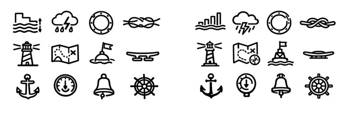 Nautical and maritime icon set with lighthouse anchor ship wheel compass map buoy porthole knot storm cloud tide and bell symbols © PAPA STOCK