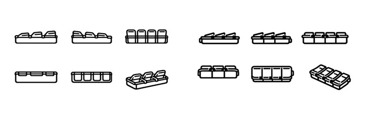 Stadium seating icons showing bleachers and arena chairs from different angles including front side and top views for sports venue design © PAPA STOCK