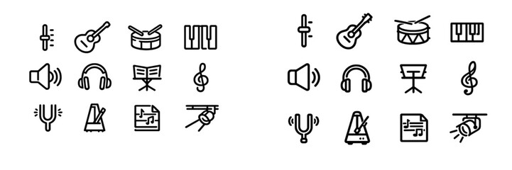 Collection of music and audio equipment line icons including guitar drum headphones piano keys and metronome on white background © PAPA STOCK