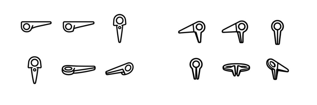 Industrial mechanical piton icons shown from multiple perspectives on a white background for technical engineering design