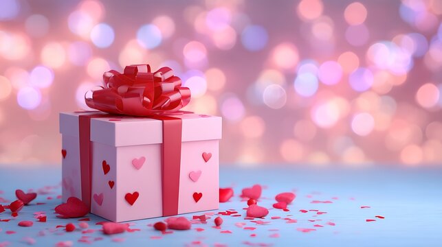 A beautifully wrapped pink gift box with a red ribbon and hearts on a festive background with bokeh lights.