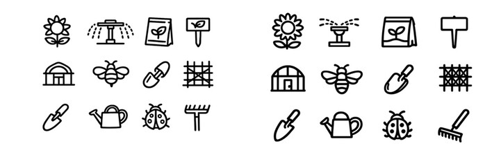 Gardening and farming line icon set featuring sunflower sprinkler greenhouse bee trowel watering can ladybug and rake on white background © PAPA STOCK