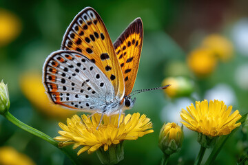 Butterfly with orange and white wings on yellow flower