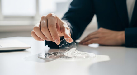 Fototapeta premium Close-up of a Hand Placing a Clear Puzzle Piece Into a Partially Completed Puzzle on a Desk, Symbolizing Problem-solving in Business