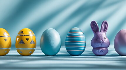 A colorful Easter display featuring decorated eggs and a chocolate bunny on a pastel blue background