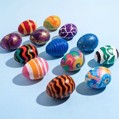 Fototapeta premium A collection of colorful hand-painted Easter eggs on a blue background.