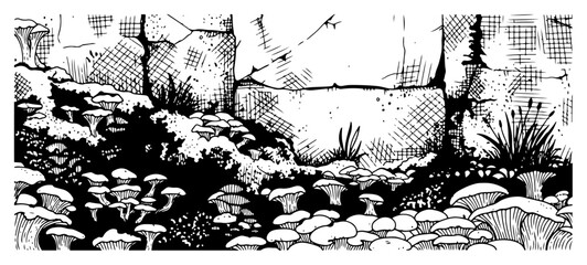 Detailed hand drawn sketch of wild mushrooms growing near ancient stone ruins © Amelia