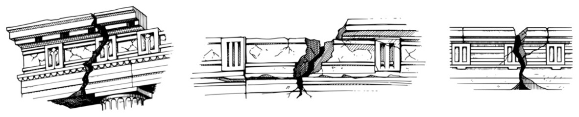 Obraz premium Detailed hand drawn sketches of cracked classical building facades and architectural ruins
