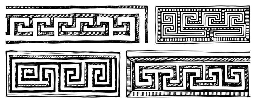 Collection of traditional greek meander fret border patterns in vintage engraving style