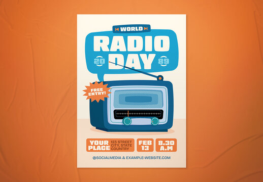 Blue & Orange Bold Illustrative World Radio Day Event Flyer