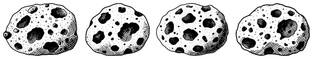 Set of four porous volcanic rocks or meteorites with deep craters in engraving style © Amelia