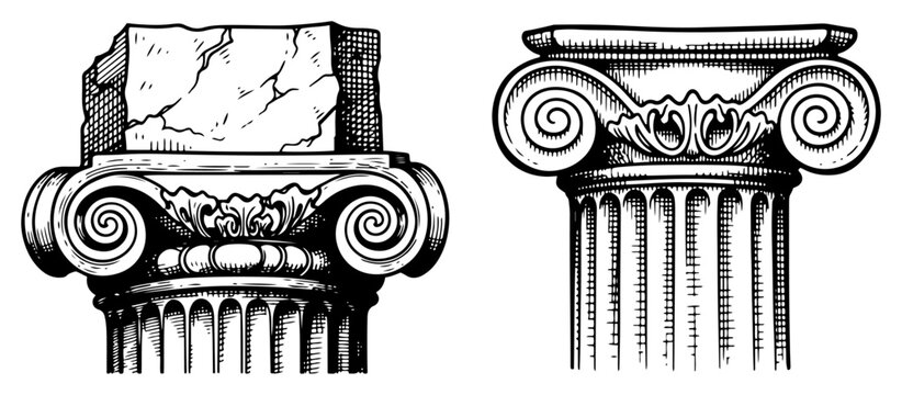 Classical ionic column capitals with architectural decorative scroll details