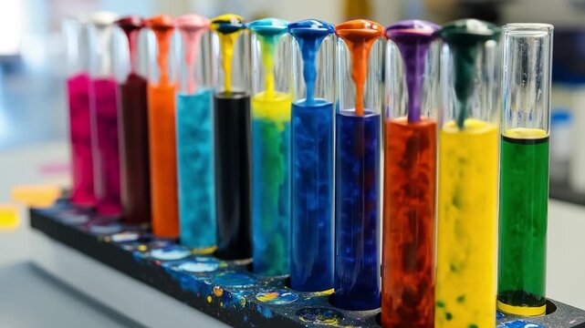Vibrant liquid reactions in test tubes: colorful chemical experiments in motion