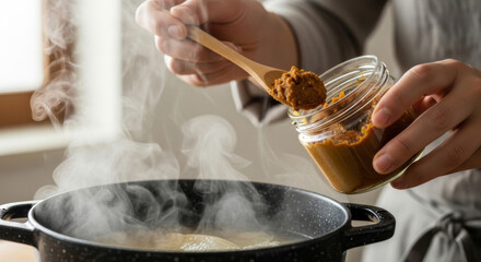 A hand adding flavorful miso paste to a steaming pot of soup, showcasing the warmth of home cooking.