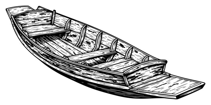 Vintage hand drawn engraving of a traditional wooden rowing boat or sampan vessel