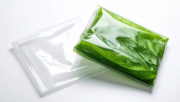 Edible plant-based starch packaging films holding fresh green leaves, showcasing sustainable food preservation technology