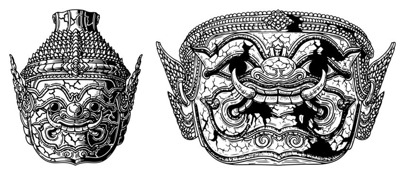 Pair of hand drawn traditional Thai Yaksha giant masks in detailed engraving style