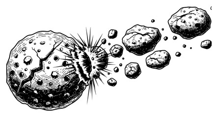 Large asteroid or planet exploding into small rocky fragments in detailed engraving style © Amelia