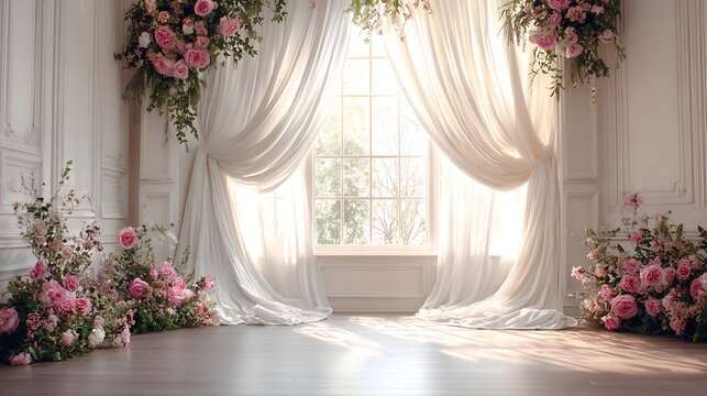 A bright and airy room with a large window surrounded by beautiful pink flowers and white curtains