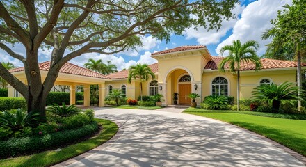 Fototapeta premium Luxury Mediterranean mansion with arched entryway exterior sunny driveway palm trees lush landscaping