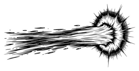 Detailed hand drawn illustration of a powerful energy blast or speeding comet impact © Amelia