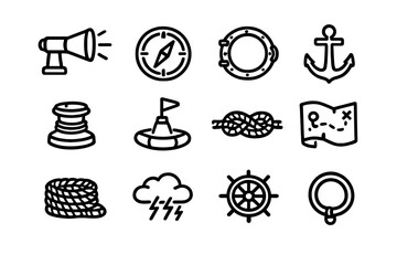 Nautical and maritime line icons set featuring anchor compass ship wheel rope and treasure map on white background © PAPA STOCK