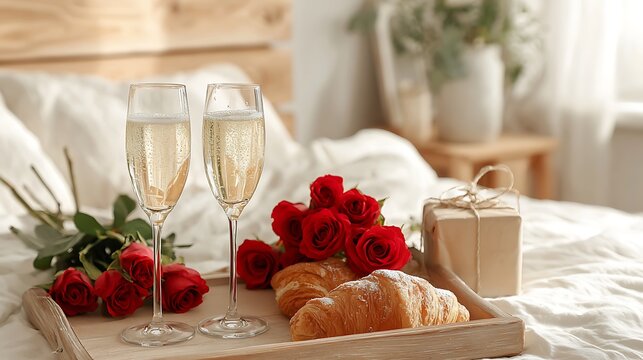 A romantic breakfast setup with champagne and roses on a bed in a cozy hotel room